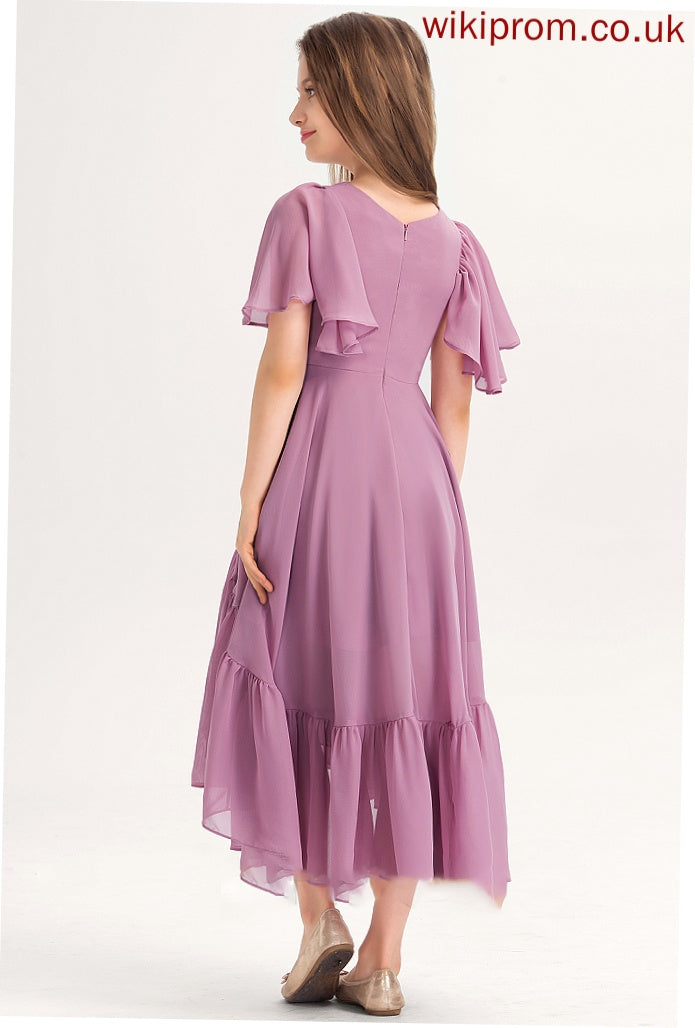 Asymmetrical Chiffon V-neck Ruffles Diamond With Cascading A-Line Junior Bridesmaid Dresses