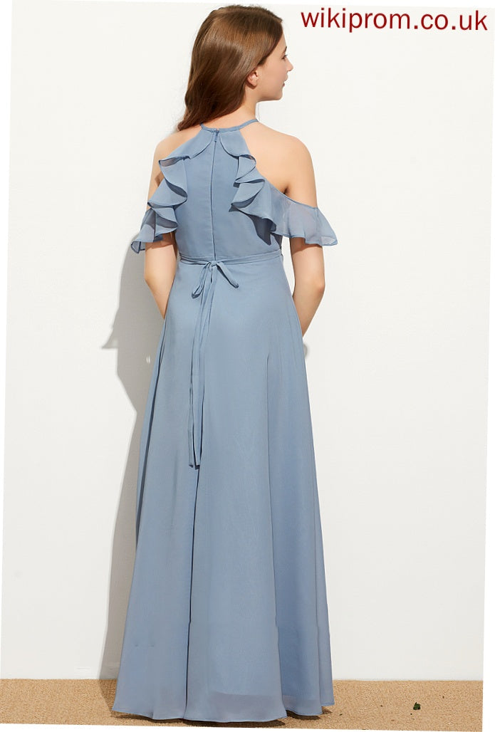 Junior Bridesmaid Dresses A-Line Bow(s) With Floor-Length Neck Cascading Chiffon Ruffles Scoop Shayla