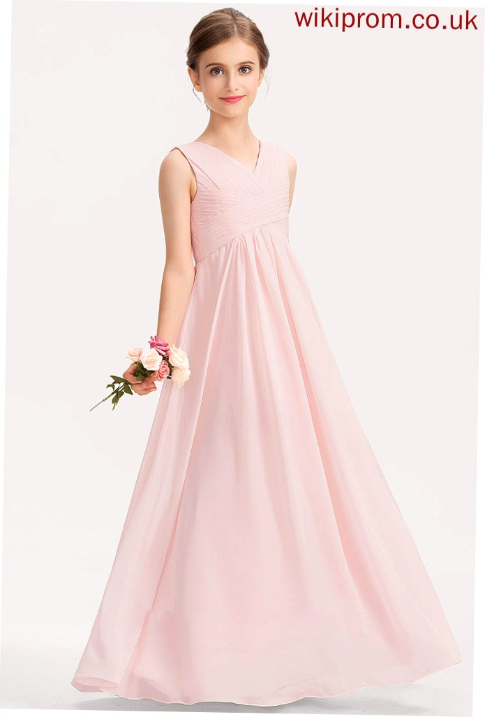 Chiffon V-neck Floor-Length Ruffle A-Line Junior Bridesmaid Dresses Rachel With