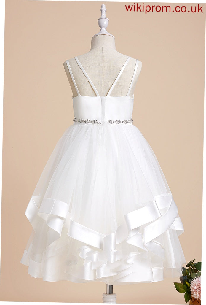 A-Line Satin/Tulle Flower Girl Dresses Tea-length Johanna Beading Girl Straps With Flower - Dress Sleeveless