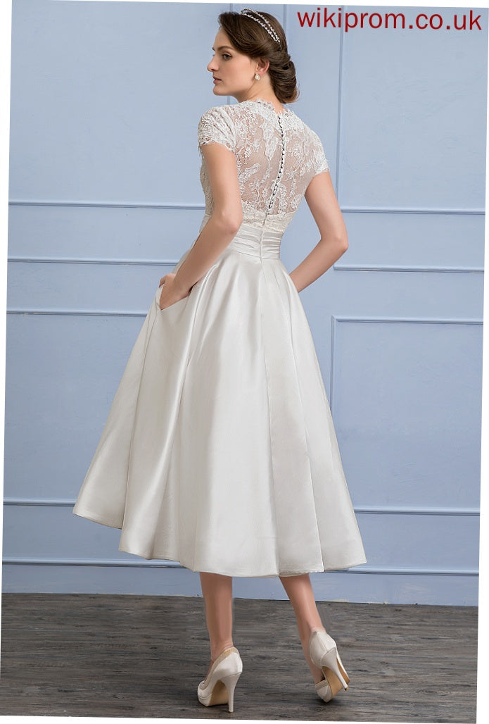 Wedding Tea-Length Sadie Satin Dress Wedding Dresses V-neck A-Line Ruffle With Lace