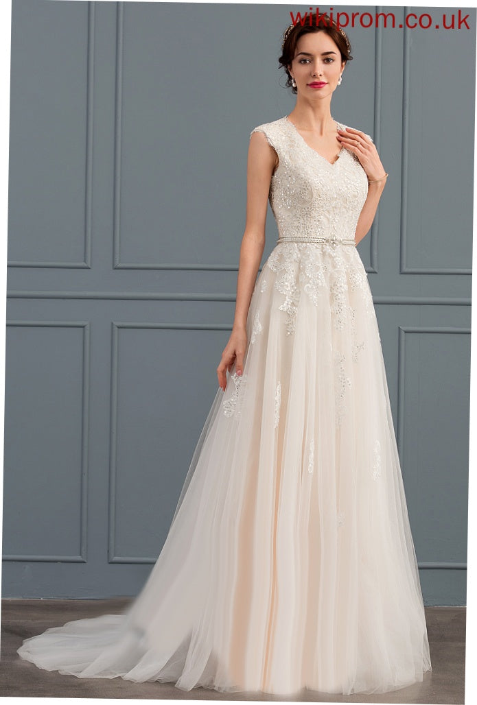 V-neck With Train Beading A-Line Sequins Wedding Dresses Lace Bow(s) Tess Sweep Wedding Dress Tulle