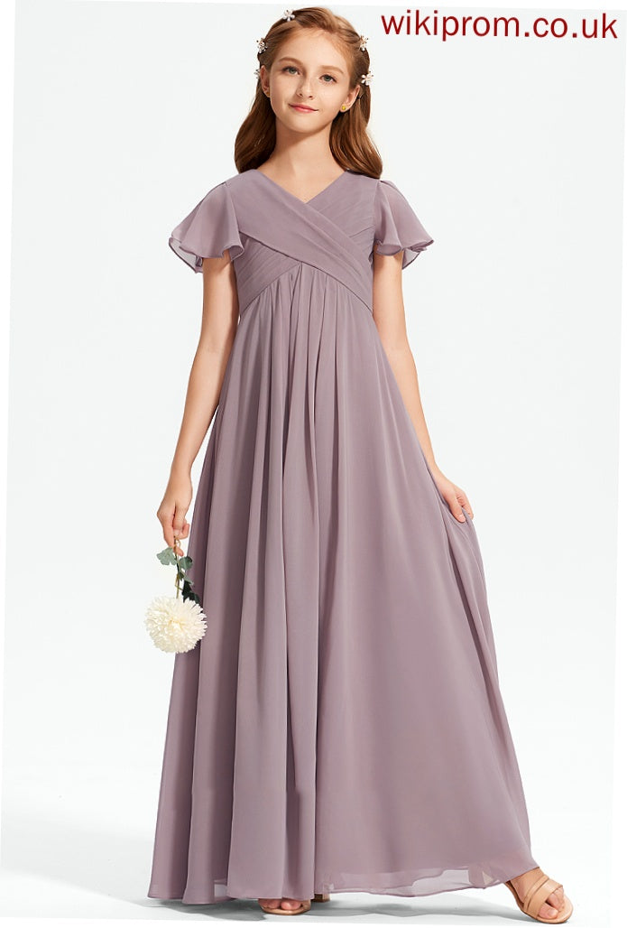 Sanaa Chiffon Junior Bridesmaid Dresses V-neck With Ruffle Floor-Length A-Line