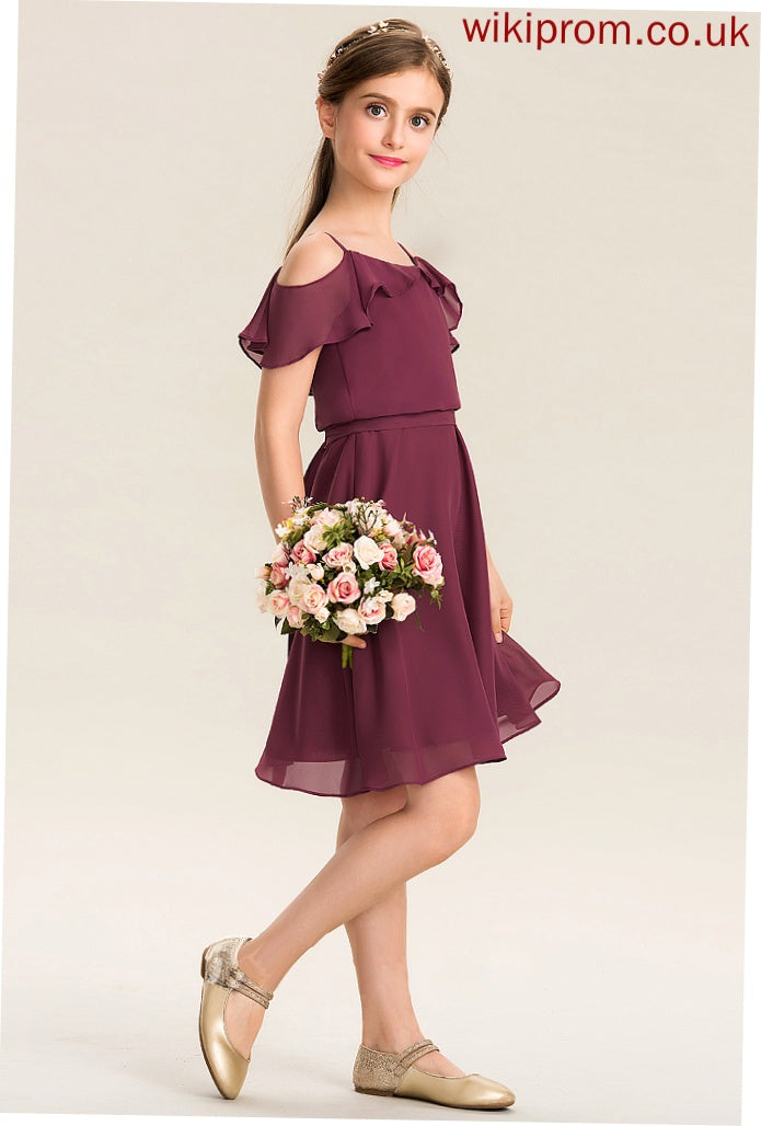 Off-the-Shoulder Junior Bridesmaid Dresses Chiffon Cascading With Knee-Length Bow(s) Ruffles Annika A-Line