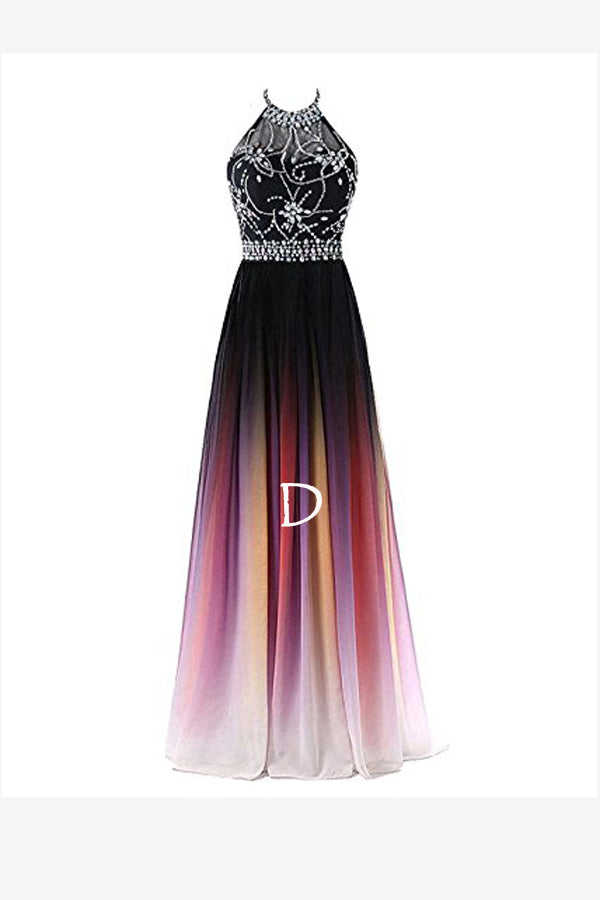 Elegant Black And White Ombre Chiffon A Line Backless Halter Beading Lace Up Long Prom Dresses