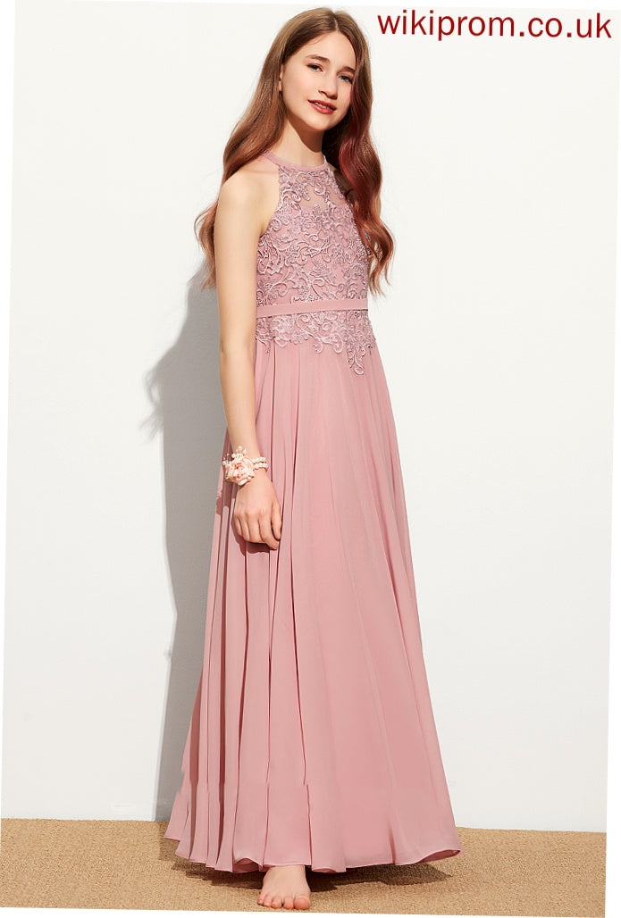 A-Line Lace Junior Bridesmaid Dresses Marisa Floor-Length Chiffon Neck Scoop