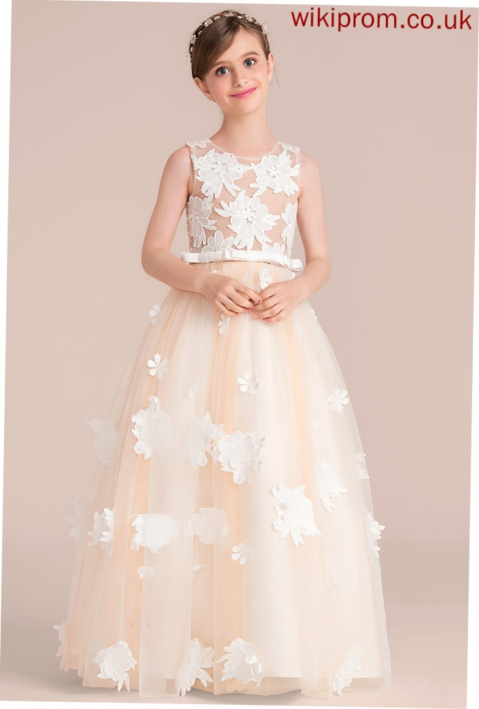 Bow(s) Ball-Gown/Princess With Siena Flower(s) Floor-Length Scoop Neck Junior Bridesmaid Dresses Tulle