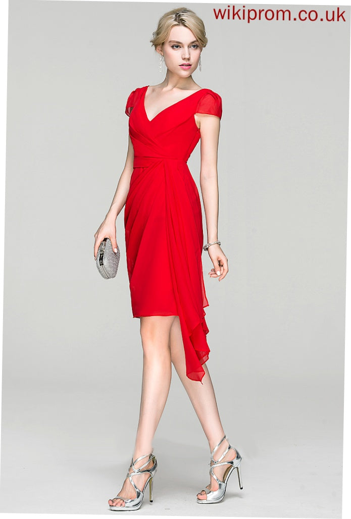 Chiffon With Dress Juliet Cocktail Ruffle Cascading Sheath/Column Cocktail Dresses V-neck Ruffles Knee-Length