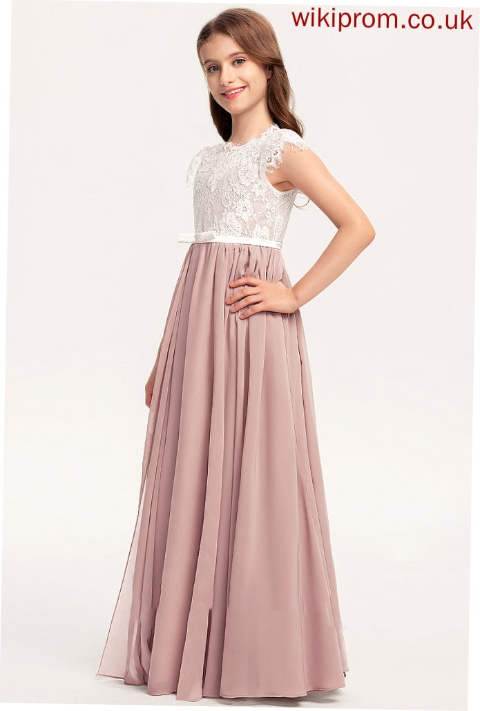 Bow(s) Neck Junior Bridesmaid Dresses A-Line Lace Chiffon Floor-Length Madisyn With Scoop