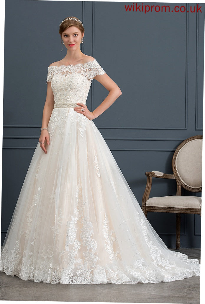 Off-the-Shoulder Sequins Beading Tulle Train Ball-Gown/Princess Wedding Dresses Lace Wedding Azaria Dress With Court