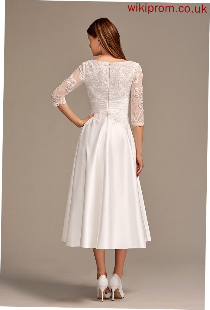 A-Line Wedding Neck Shayla Satin Lace Wedding Dresses Scoop Dress Pockets Tea-Length With