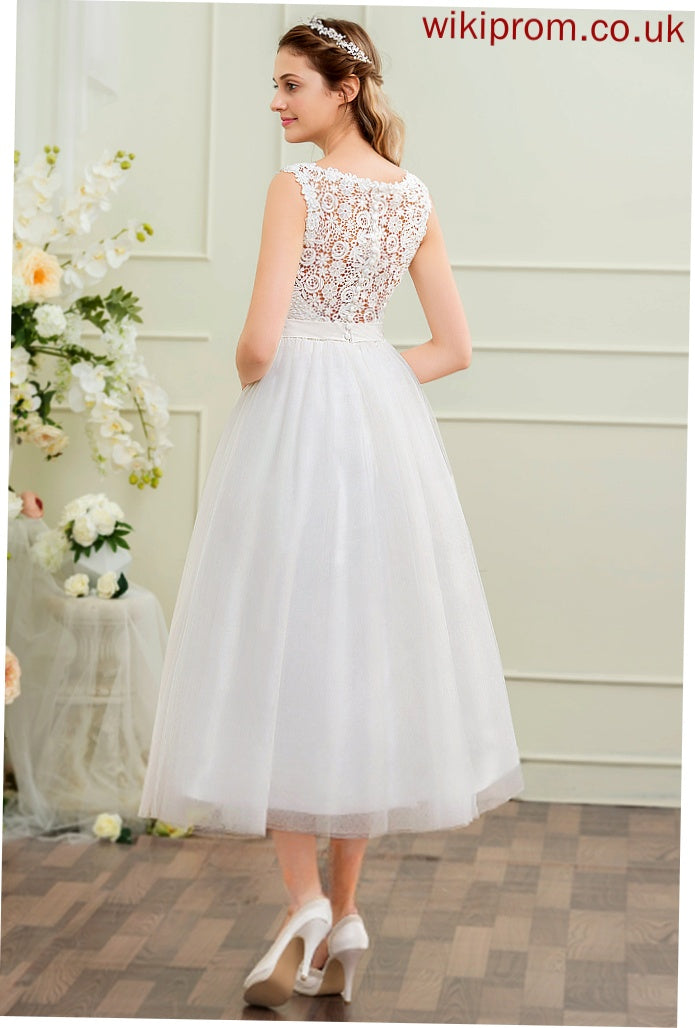 Lace Dress Tulle Makenzie Sequins Satin With Beading Tea-Length Ball-Gown/Princess Wedding Wedding Dresses