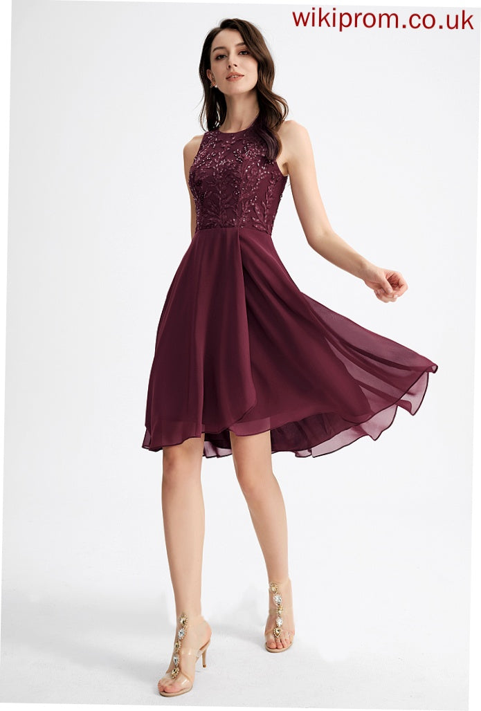 Scoop Neck Sequins Dress A-Line Asymmetrical With Homecoming Chelsea Chiffon Lace Homecoming Dresses