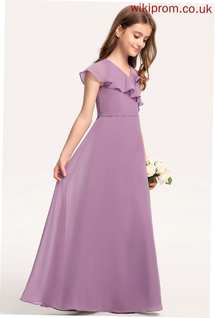 Junior Bridesmaid Dresses Cascading With V-neck Ruffles Chiffon A-Line Floor-Length Megan Bow(s)