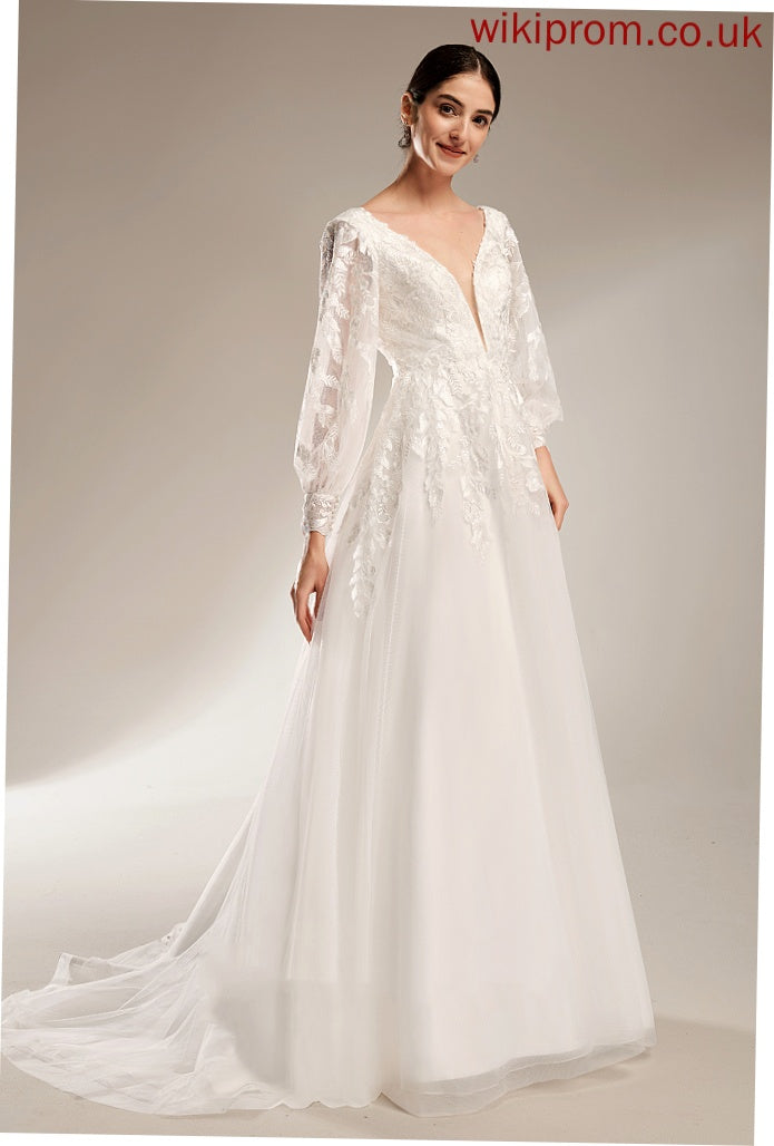 Ball-Gown/Princess Wedding With Sienna Dress Sequins Train Wedding Dresses Satin Tulle Lace Chapel V-neck