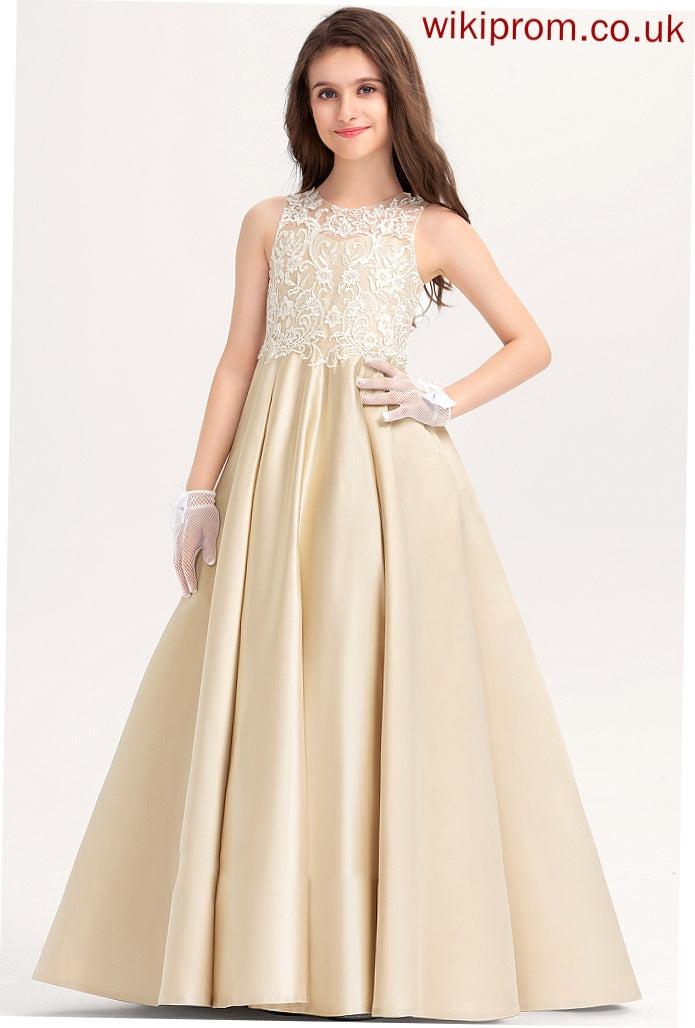 Lace Scoop Neck Satin Adeline Floor-Length Ball-Gown/Princess Junior Bridesmaid Dresses