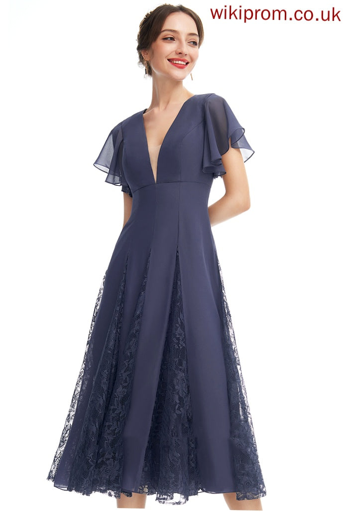 V-neck Ruffle Cocktail Dresses With A-Line Chiffon Taniyah Knee-Length Cocktail Lace Dress