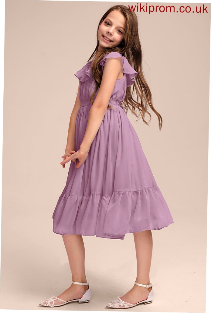 Bow(s) Scoop Ruffles A-Line Chiffon Neck Knee-Length Cascading Junior Bridesmaid Dresses Ashlynn With