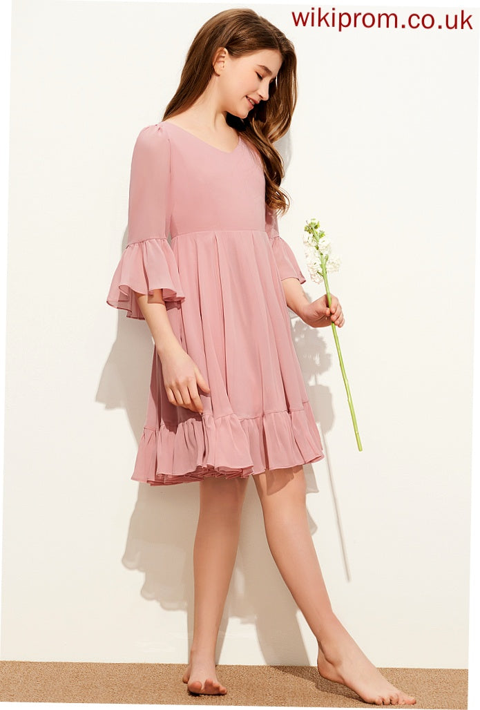 Ruffles Chiffon Knee-Length With A-Line V-neck Hadassah Cascading Junior Bridesmaid Dresses