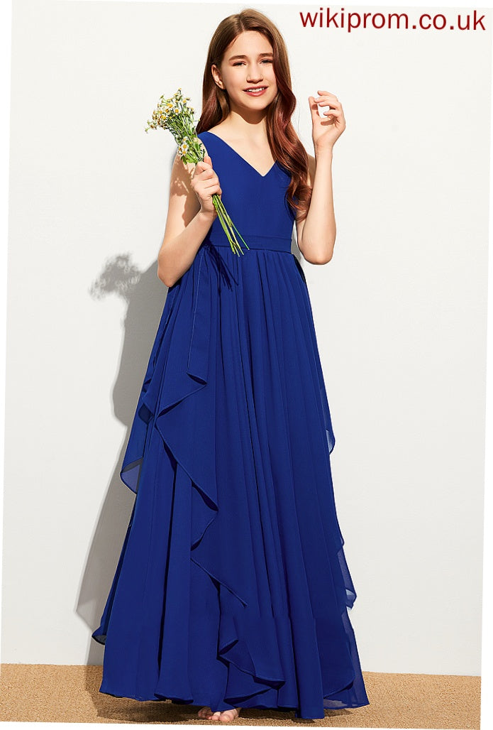 Floor-Length With Cascading Ruffles Chiffon A-Line V-neck Junior Bridesmaid Dresses Mira