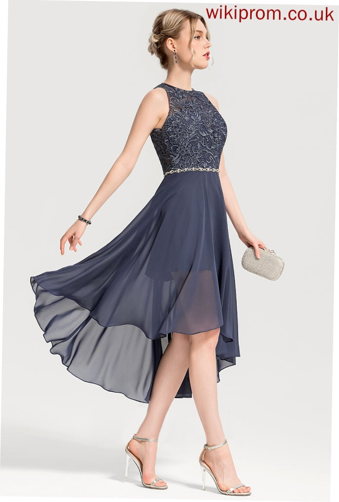 Beading Cocktail Dresses Dress Louise Scoop Chiffon With Neck Lace Cocktail Asymmetrical A-Line