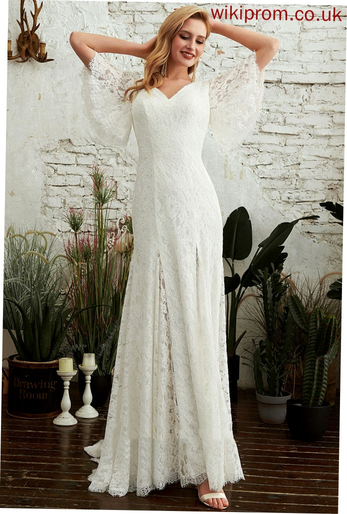 Wedding Dresses Sweep Lace Dress With Train Sheath/Column V-neck Split Front Paris Wedding