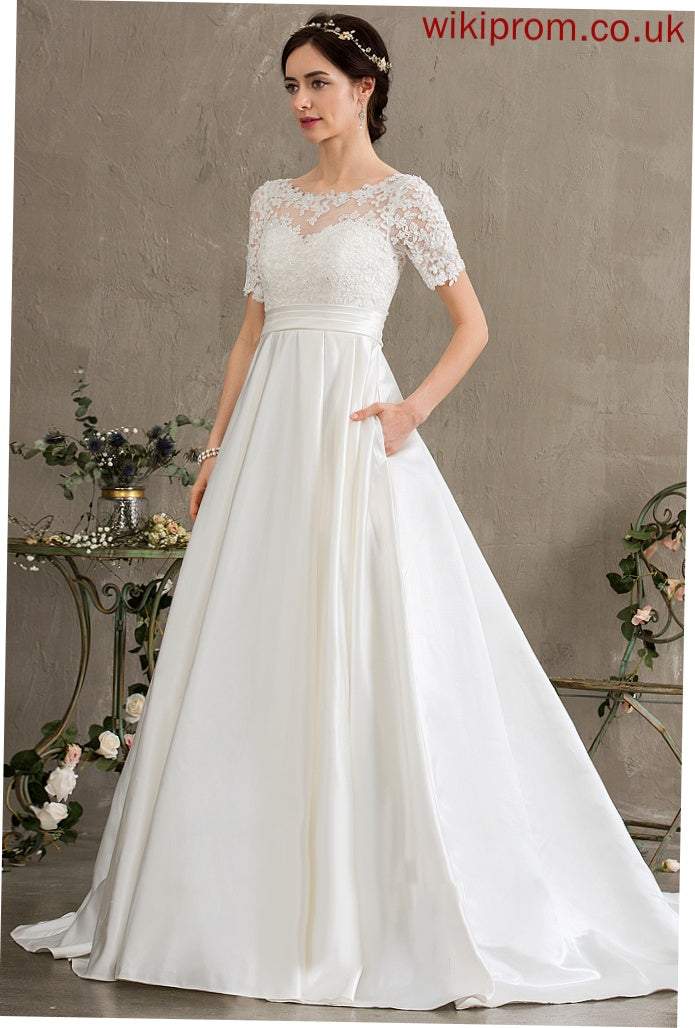 Train Hailie Lace Beading With Court Dress Satin Sequins Wedding Dresses Wedding Pockets Ball-Gown/Princess