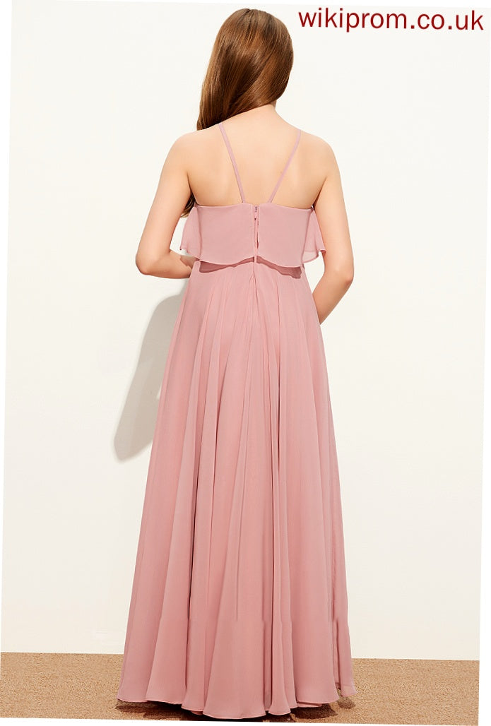 Neckline Alexis A-Line Ruffles With Floor-Length Chiffon Square Cascading Junior Bridesmaid Dresses