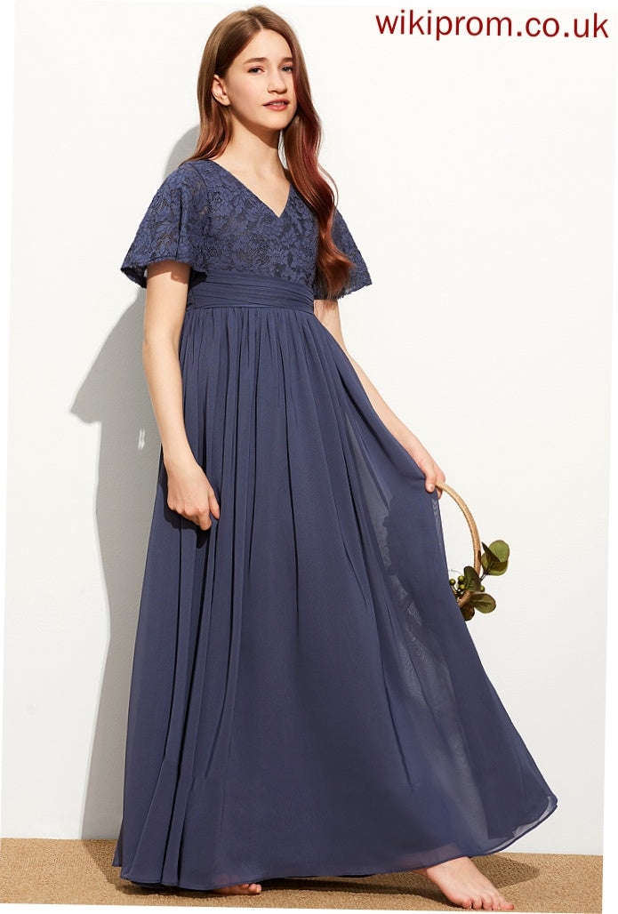 Chiffon Junior Bridesmaid Dresses A-Line With Bow(s) V-neck Floor-Length Marcie Lace