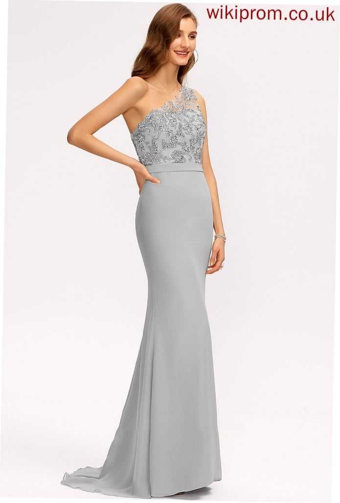 Length Silhouette Neckline One-Shoulder Fabric Trumpet/Mermaid Lace Straps SweepTrain Evangeline Bridesmaid Dresses