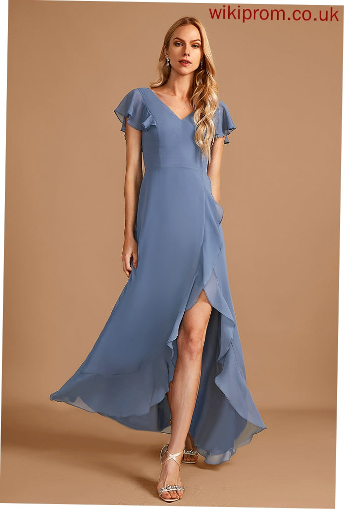 Ruffle Embellishment Neckline Silhouette A-Line V-neck SplitFront Fabric Length Asymmetrical Princess Sleeveless Bridesmaid Dresses