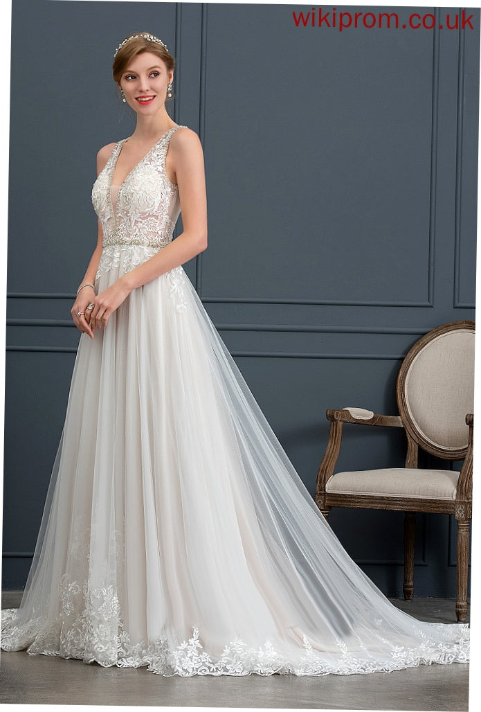 V-neck Court Sequins Dress With Wedding Wedding Dresses Tulle Beading Nora Train Lace Ball-Gown/Princess