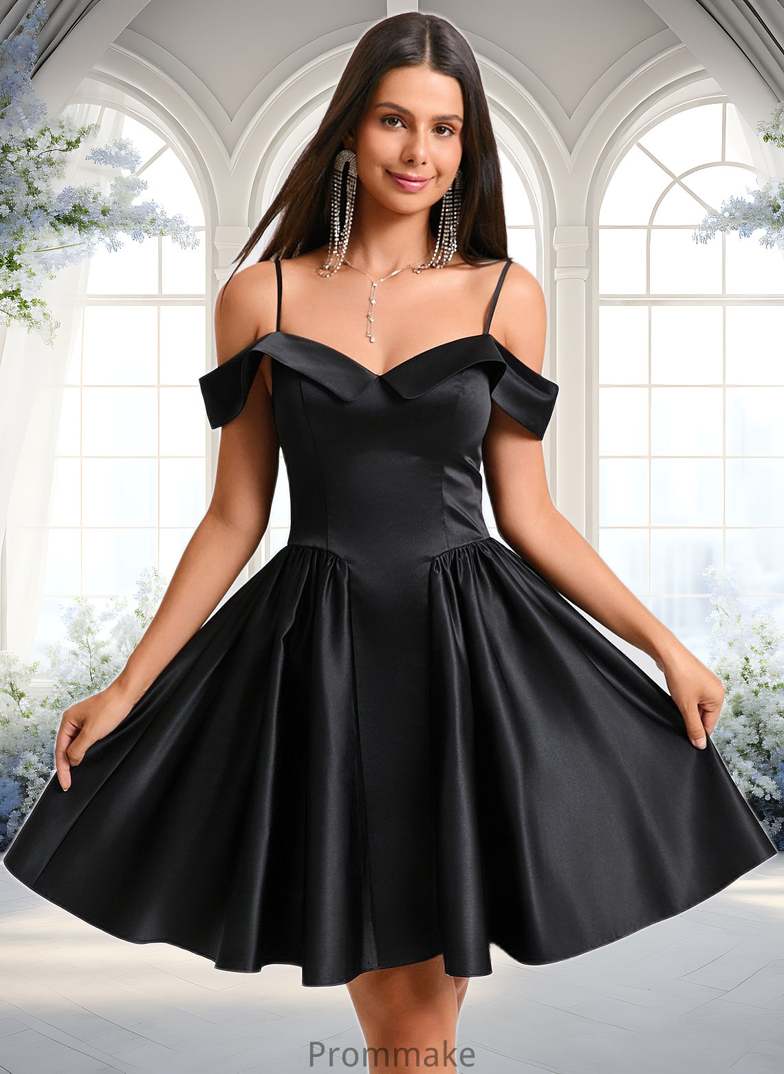 Tabitha A-line Off the Shoulder Short Satin Homecoming Dress DUP0025704