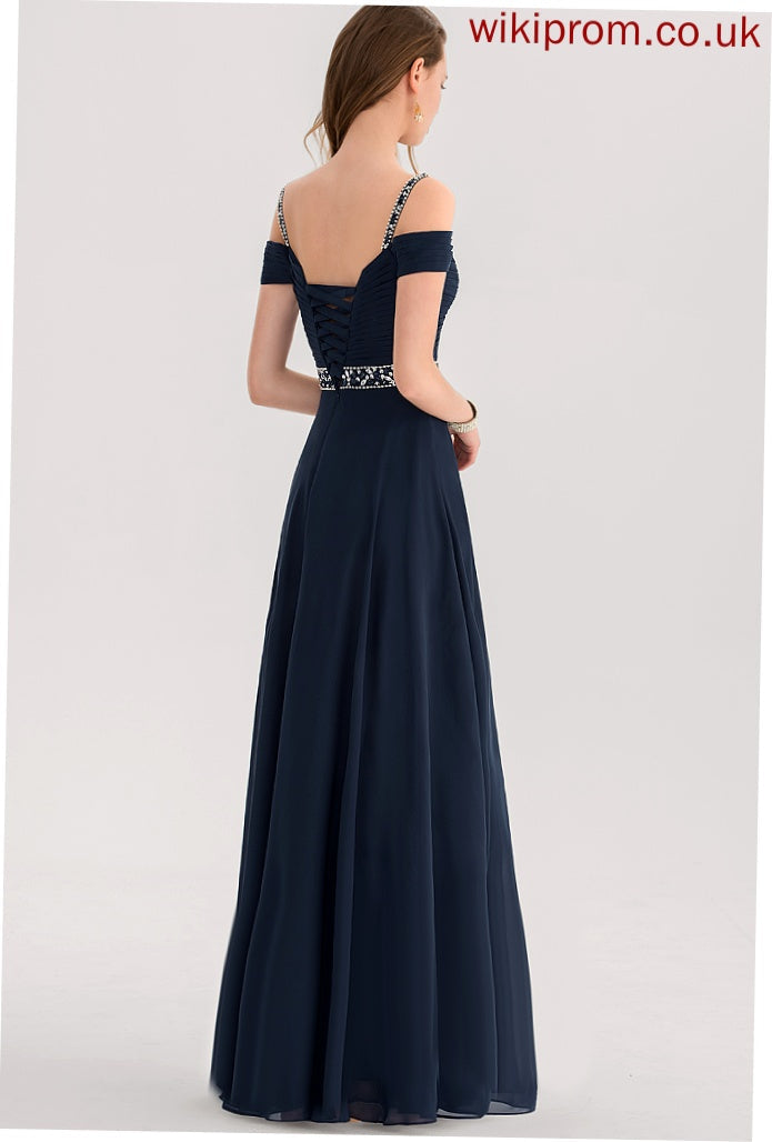 Haylee With Chiffon V-neck Sequins Pleated Cold Beading Floor-Length A-Line Prom Dresses Shoulder