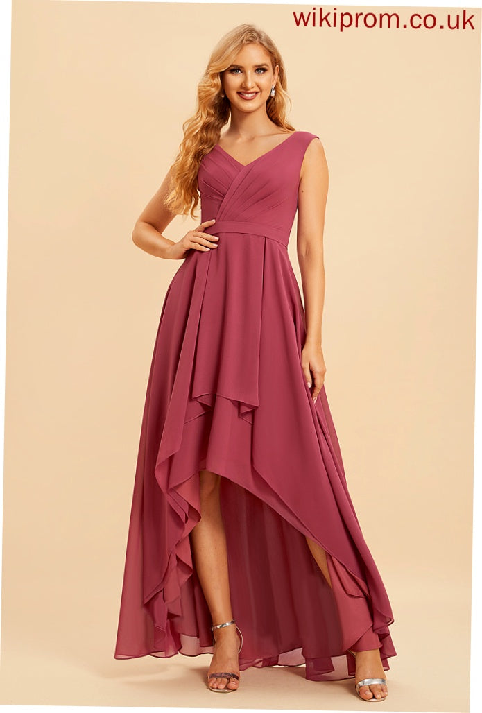 A-Line V-neck Length Fabric Silhouette Asymmetrical Embellishment Ruffle Neckline Kendal Natural Waist Spandex Bridesmaid Dresses