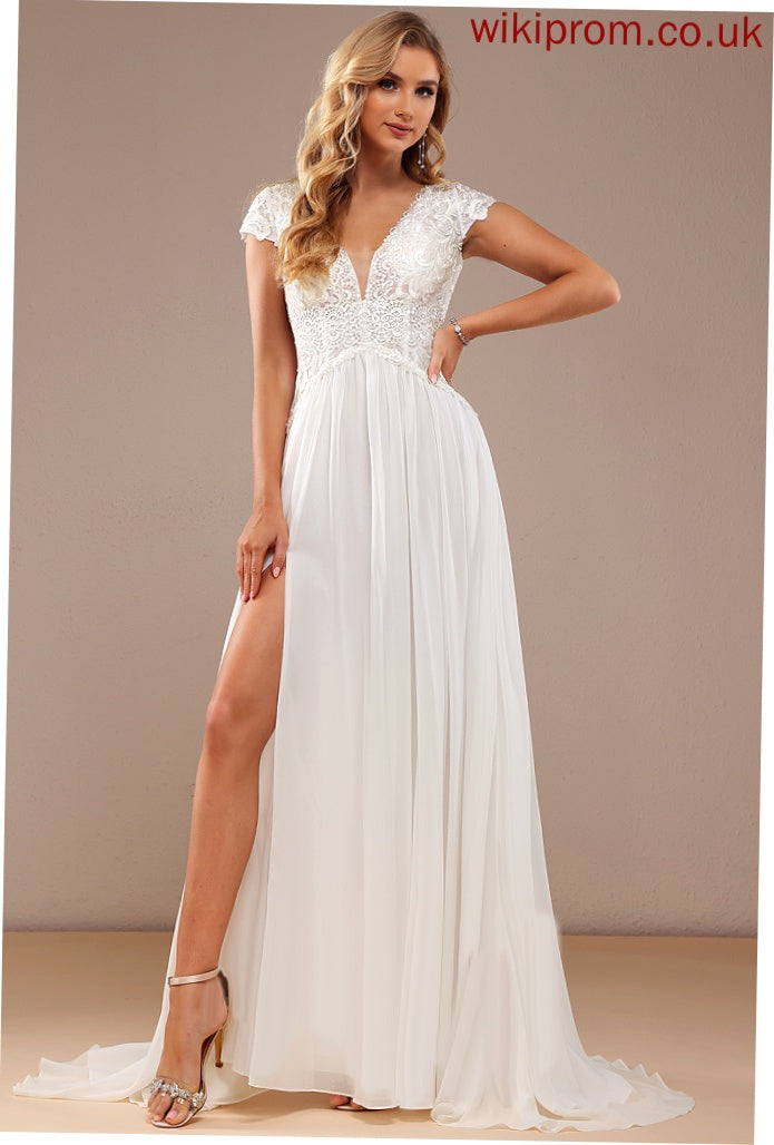 Sweep V-neck Jaelynn Wedding Train Lace Dress A-Line Split With Chiffon Wedding Dresses Front Lace