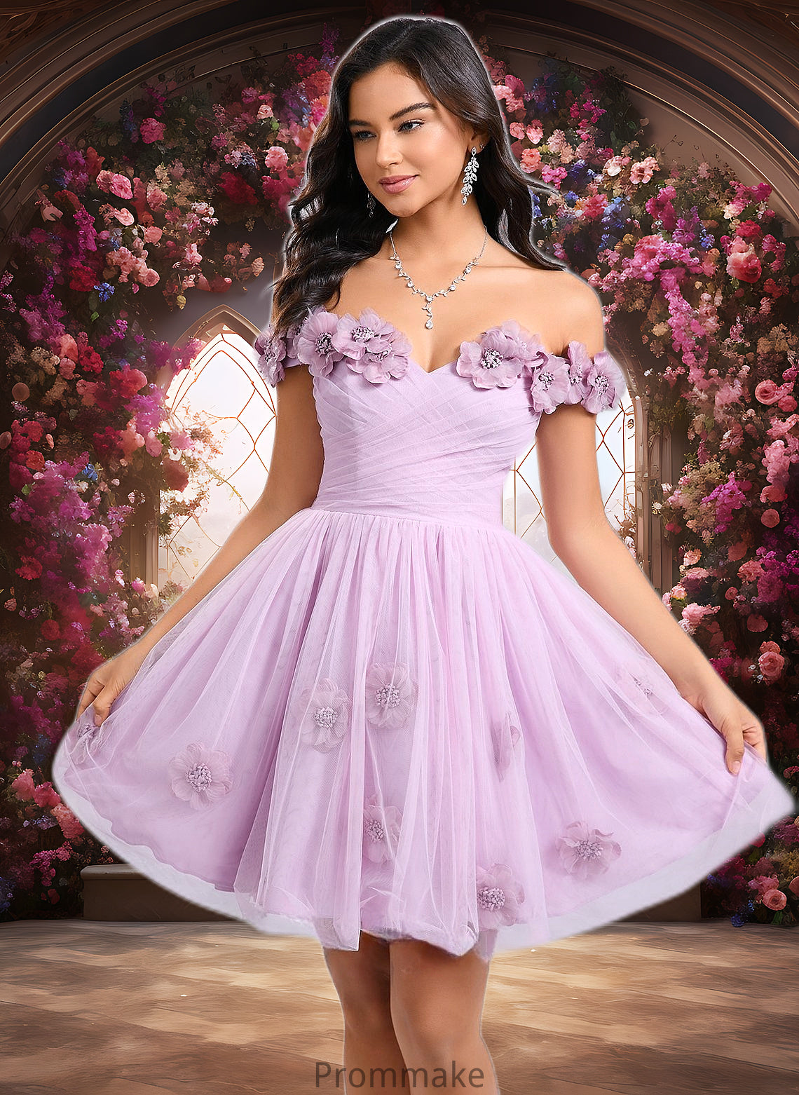 Geraldine Ball-Gown/Princess Off the Shoulder Short Tulle Homecoming Dress With Pleated Flower DUP0025668