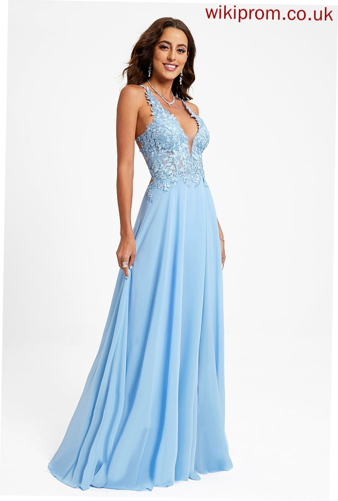 Chiffon V-neck Prom Dresses Sally Floor-Length Lace A-Line