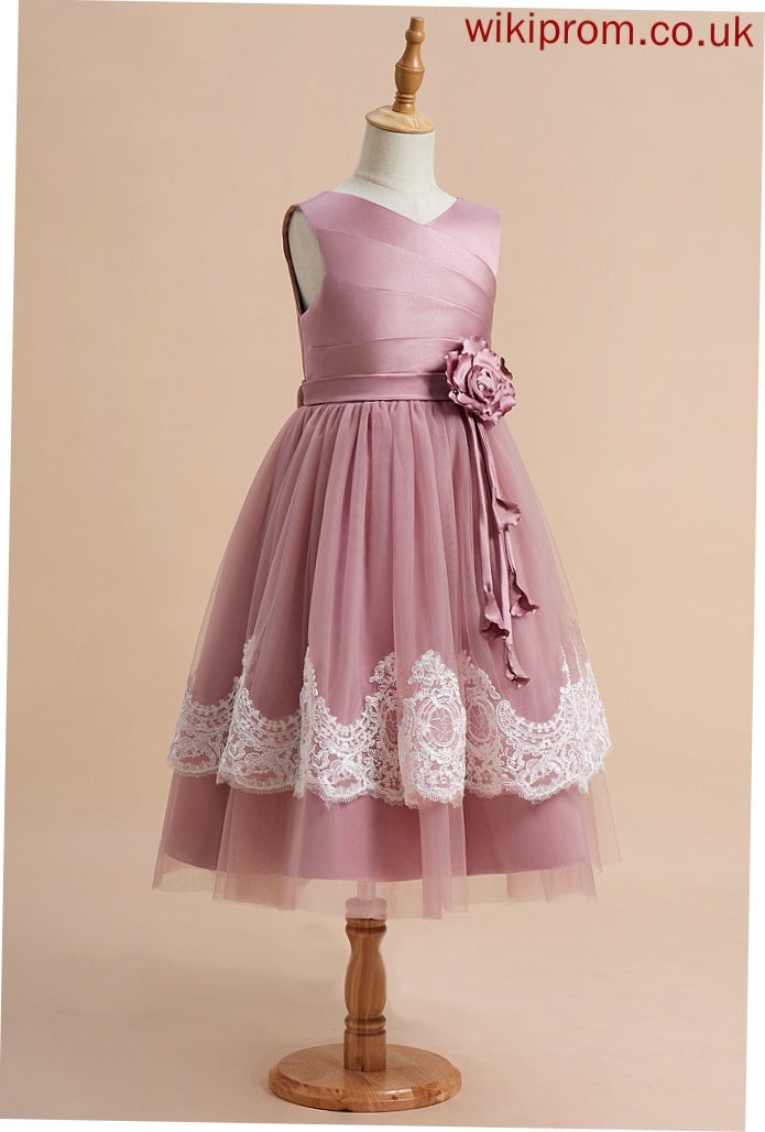 Sleeveless Lace/Flower(s)/Bow(s)/Pleated/V Flower A-Line Girl With Abigail Satin/Tulle Knee-length - Back Flower Girl Dresses V-neck Dress