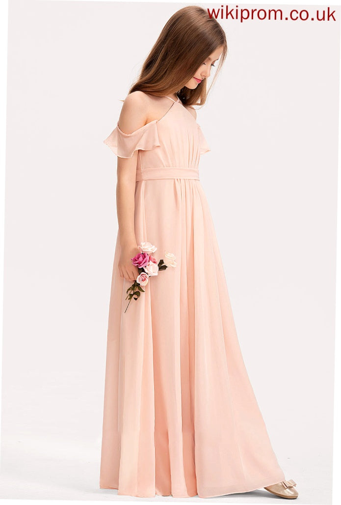 Ruffle Bow(s) V-neck Janiah Chiffon With Floor-Length A-Line Junior Bridesmaid Dresses