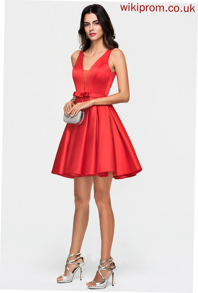 Satin Dress Bow(s) V-neck A-Line With Short/Mini Homecoming Homecoming Dresses Amira