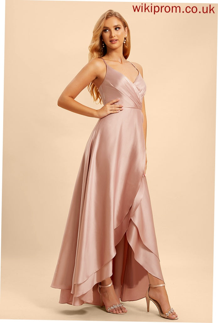 Asymmetrical Silhouette Neckline Embellishment Fabric A-Line Ruffle Length V-neck Aaliyah A-Line/Princess Natural Waist Bridesmaid Dresses