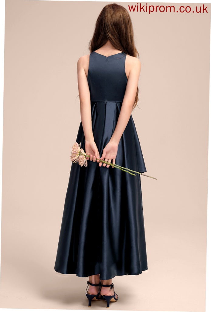 Neck Cascading A-Line Junior Bridesmaid Dresses Ruffles Satin With Asymmetrical Scoop Marina