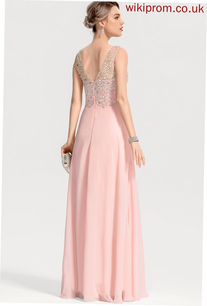 Beading Chiffon Floor-Length A-Line With Mabel Prom Dresses V-neck Sequins