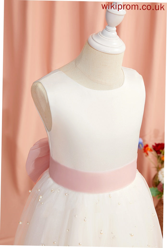 Dress Back - Satin/Tulle Cassidy Tea-length Neck Flower Girl Sleeveless Scoop Flower Girl Dresses With Sash/Bow(s)/V A-Line