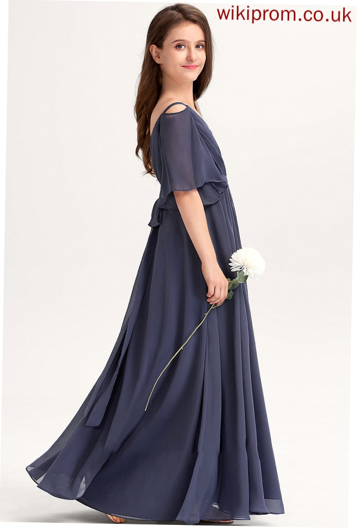 Maci Bow(s) Junior Bridesmaid Dresses Ruffle A-Line Off-the-Shoulder Floor-Length Chiffon With