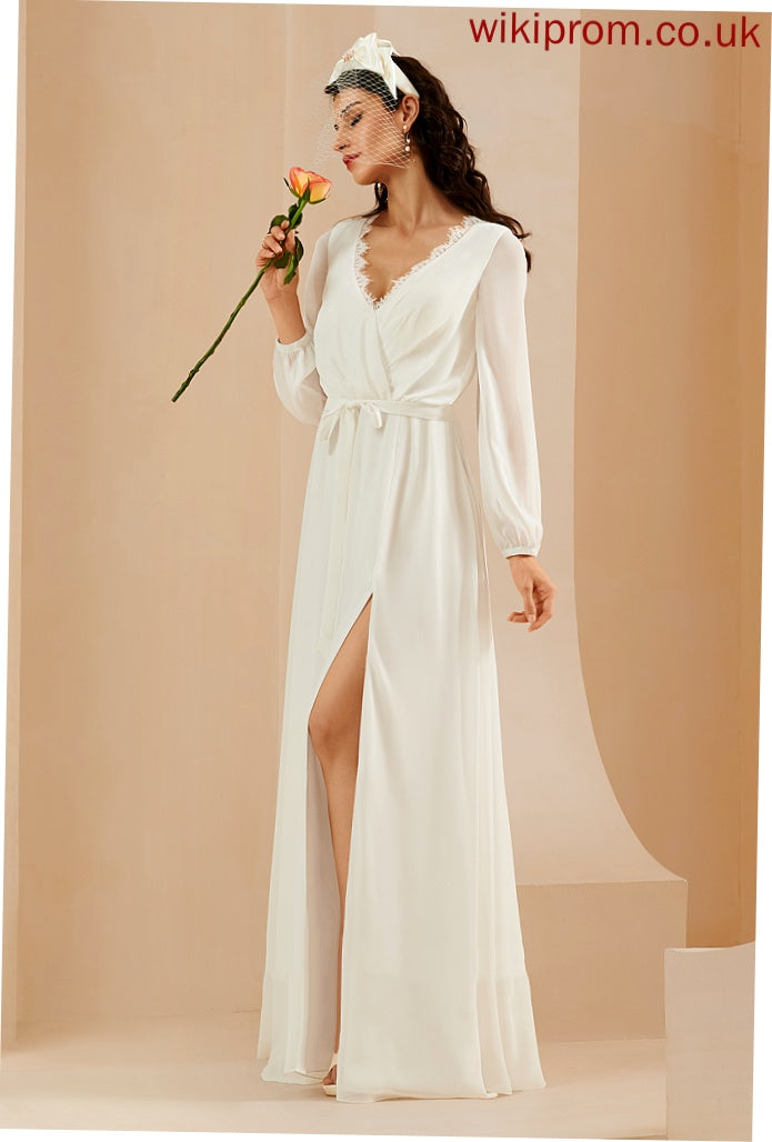 Wedding Casey Front A-Line Chiffon Dress Floor-Length Wedding Dresses With Split Lace V-neck