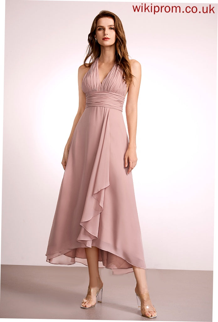 V-neck Silhouette Fabric Length SplitFront Embellishment Neckline A-Line Asymmetrical Frances Knee Length Natural Waist Bridesmaid Dresses