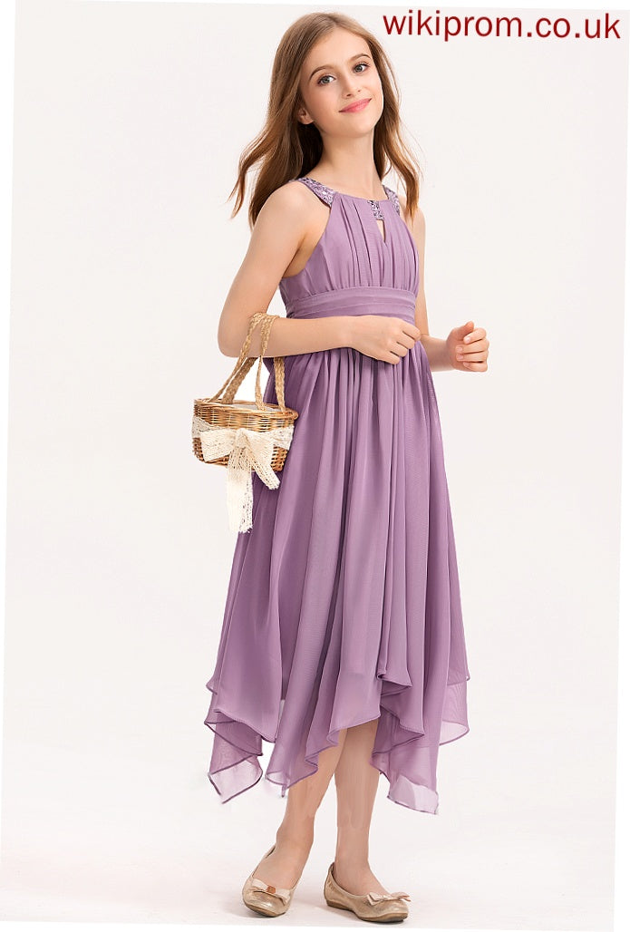 Ruffle Danika Tea-Length Beading With Neck A-Line Junior Bridesmaid Dresses Bow(s) Chiffon Scoop