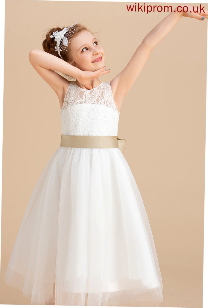 Dress - Sash/Bow(s)/Back Flower Neck Tulle/Lace Flower Girl Dresses Hole A-Line/Princess Viv With Sleeveless Tea-length Girl Scoop